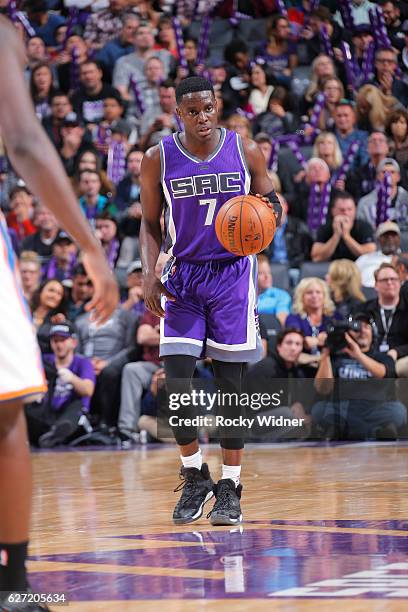 Darren Collison of the Sacramento Kings brings the ball up the court against the Oklahoma City Thunder on November 23, 2016 at Golden 1 Center in...