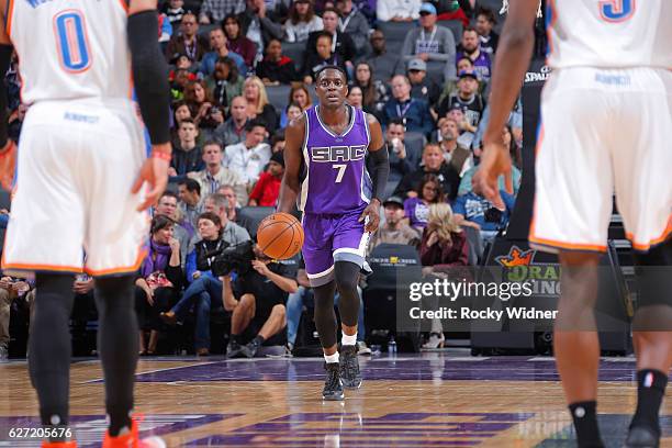 Darren Collison of the Sacramento Kings brings the ball up the court against the Oklahoma City Thunder on November 23, 2016 at Golden 1 Center in...