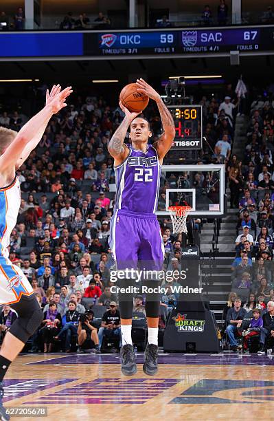 Matt Barnes of the Sacramento Kings shoots a three pointer against the Oklahoma City Thunder on November 23, 2016 at Golden 1 Center in Sacramento,...