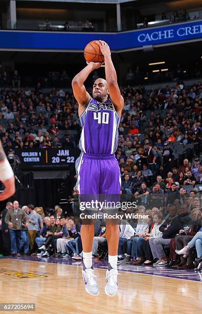 Arron Afflalo of the Sacramento Kings shoots a three pointer against the Oklahoma City Thunder on November 23, 2016 at Golden 1 Center in Sacramento,...