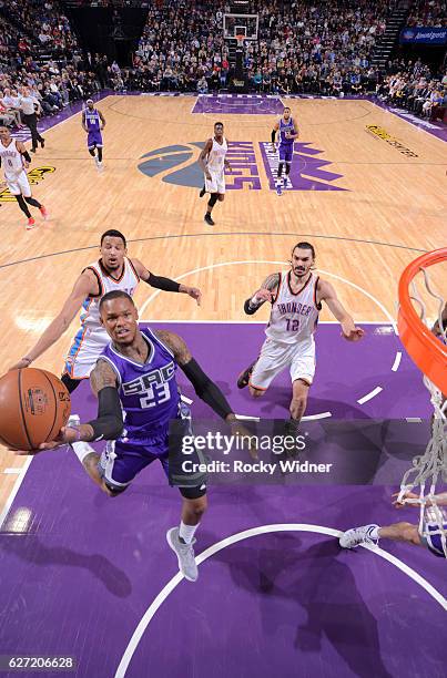 Ben McLemore of the Sacramento Kings shoots a layup against the Oklahoma City Thunder on November 23, 2016 at Golden 1 Center in Sacramento,...