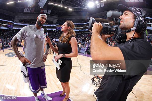 DeMarcus Cousins of the Sacramento Kings speaks with media after defeating the Oklahoma City Thunder on November 23, 2016 at Golden 1 Center in...