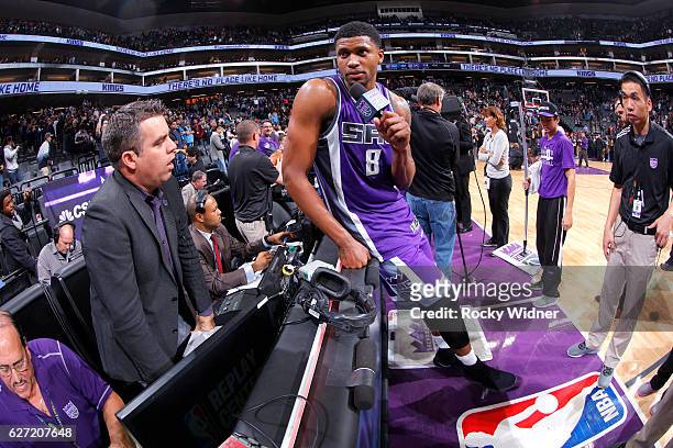 Rudy Gay of the Sacramento Kings speaks with media after defeating the Oklahoma City Thunder on November 23, 2016 at Golden 1 Center in Sacramento,...