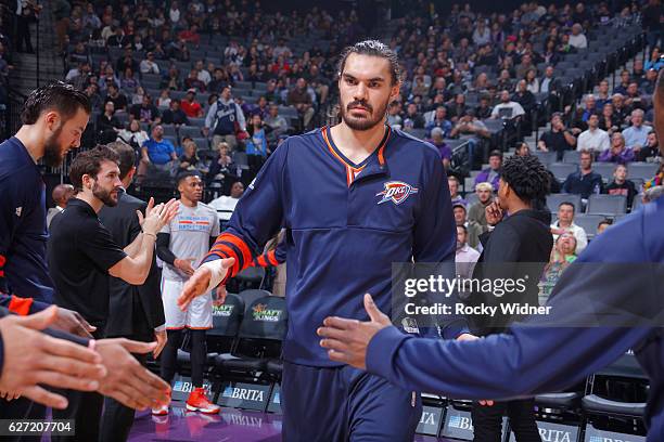 Steven Adams of the Oklahoma City Thunder gets introduced into the starting lineup against the Sacramento Kings on November 23, 2016 at Golden 1...