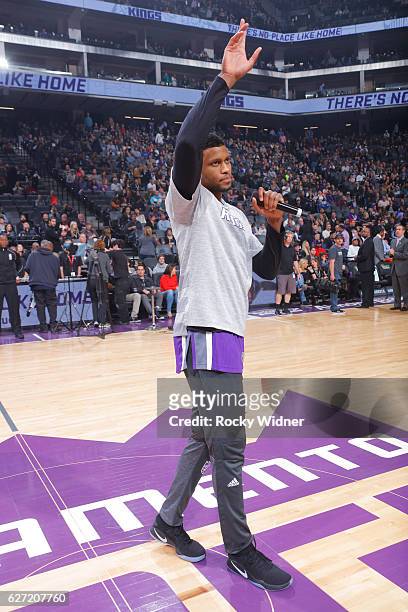 Rudy Gay of the Sacramento Kings addresses fans prior to the game against the Oklahoma City Thunder on November 23, 2016 at Golden 1 Center in...