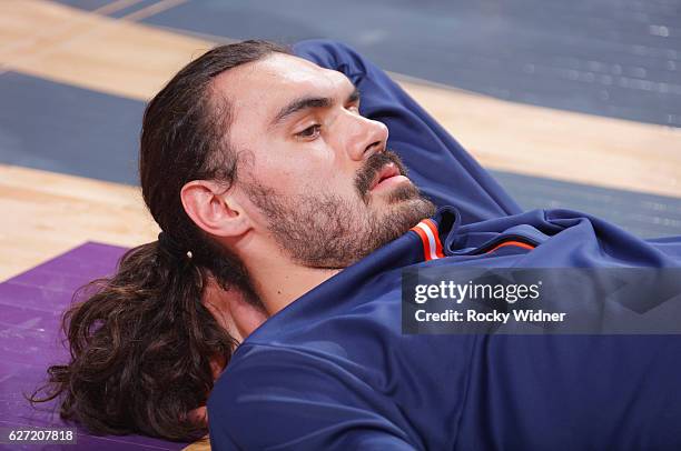 Steven Adams of the Oklahoma City Thunder warms up prior to the game against the Sacramento Kings on November 23, 2016 at Golden 1 Center in...