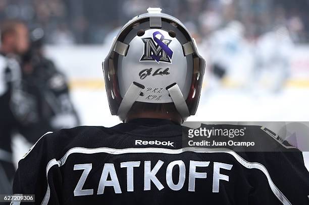 The helmet of Jeff Zatkoff of the Los Angeles Kings is seen before a game against the San Jose Sharks at STAPLES Center on November 30, 2016 in Los...