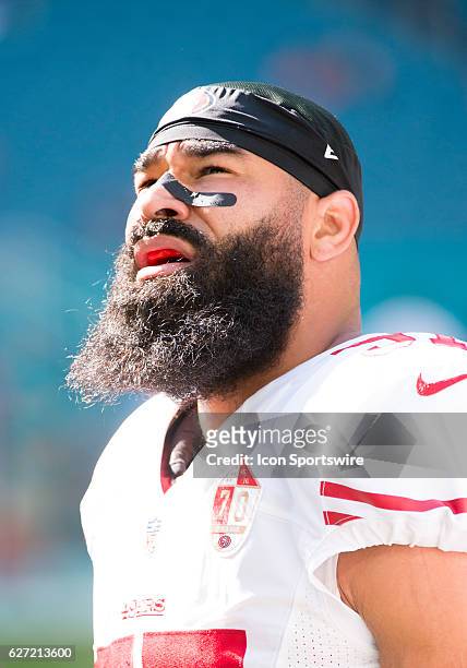 San Francisco 49ers Linebacker Michael Wilhoite before the start of the NFL football game between the San Francisco 49ers and the Miami Dolphins on...