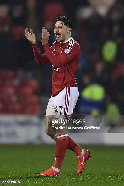 Matty Cash of Nottingham Forest celebrates victory on the final whistle during the Sky Bet Championship match between Nottingham Forest and Newcastle...