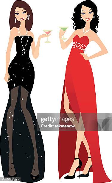 stockillustraties, clipart, cartoons en iconen met beautiful ladies in evening gowns - mouwloze jurk