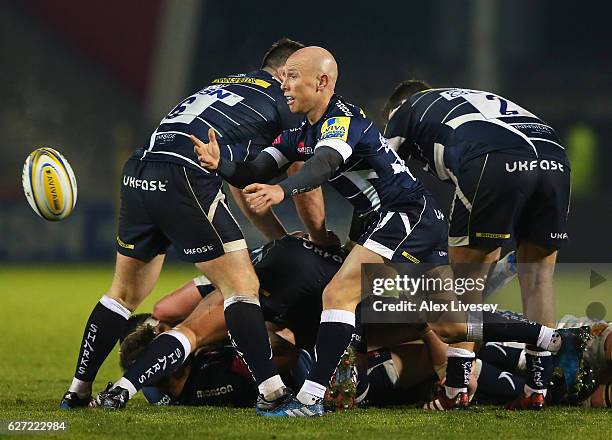 Peter Stringer of Sale Sharks passes the ball from a scrum during the Aviva Premiership match between Sale Sharks and Exeter Chiefs at AJ Bell...