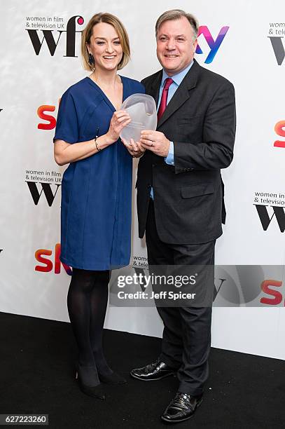 Laura Kuenssberg winner of the News and Factual Award with Ed Balls at the Sky Women In Film & TV Awards at London Hilton on December 2, 2016 in...