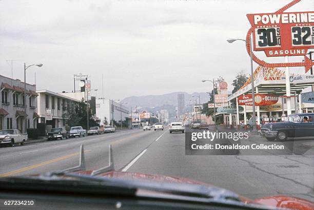 View of Vine Street looking north from the intersection of Vine and Waring Avenue in December 1963 in Los Angeles, California.