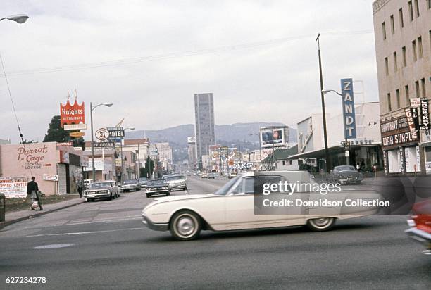 View of Vine Street looking north from the intersection of Vine and Santa Monica Boulevard in December 1963 in Los Angeles, California.