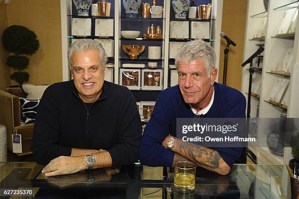 Eric Ripert and Anthony Bourdain present their new Good & Evil dark chocolate bar as they attend Hey New York: Meet Anthony Bourdain + Eric Ripert at...