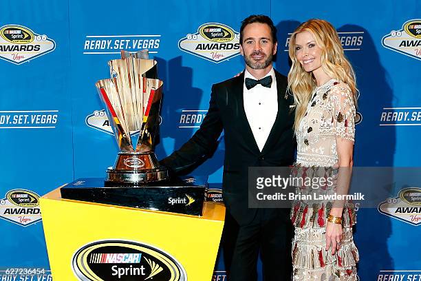 Sprint Cup Series Champion Jimmie Johnson and his wife Chandra pose for a portrait prior to the 2016 NASCAR Sprint Cup Series Awards at Wynn Las...