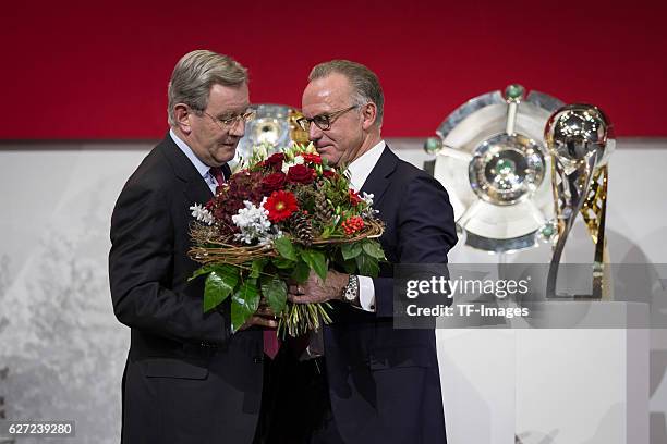 President Karl Hopfner ,CEO Karl-Heinz Rummenigge of Bayern Muenchen during the annual general assembly of the FC Bayern Muenchen at Audi-Dome on...