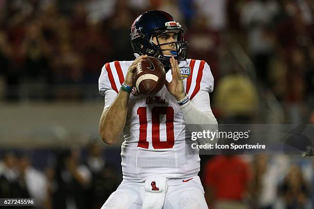 Mississippi Rebels quarterback Chad Kelly drops back to pass during the NCAA football game between the Mississippi Rebels and the Florida State...