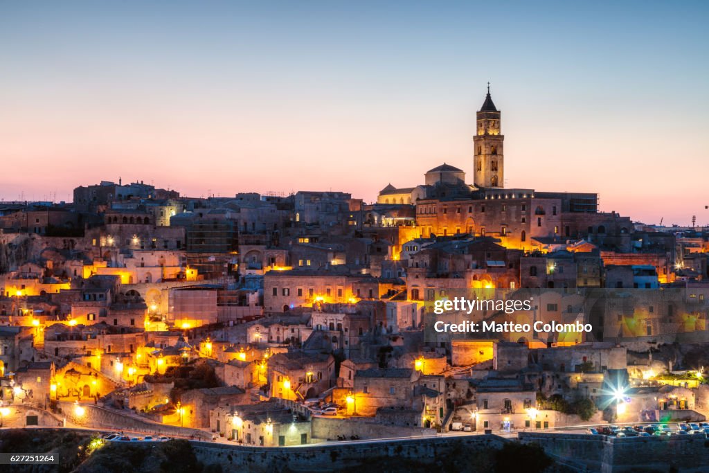 Sassi di Matera at dusk, Matera, Basilicata, Italy