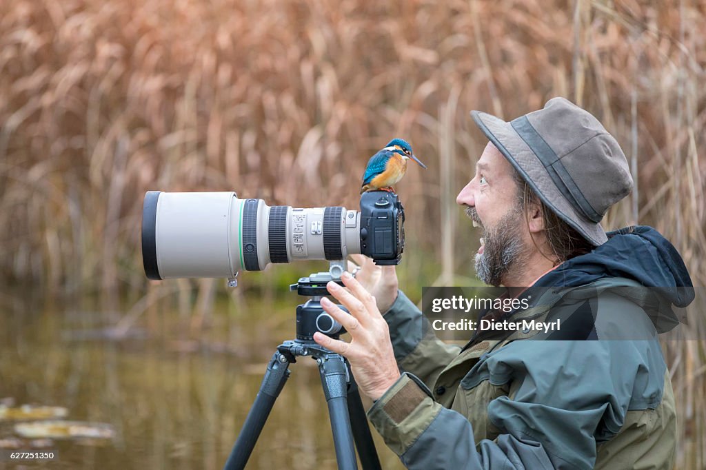 Fotógrafo de natureza desajeitado com pescador-rei na câmera
