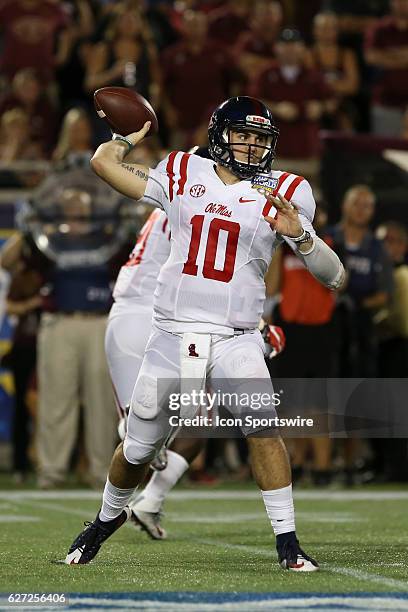 Mississippi Rebels quarterback Chad Kelly delivers a pass during the NCAA football game between the Mississippi Rebels and the Florida State...