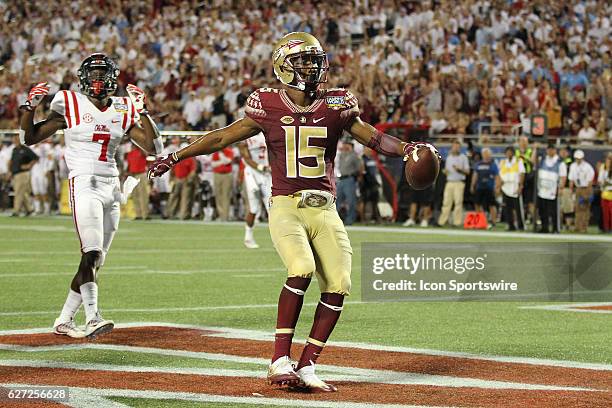 Florida State Seminoles wide receiver Travis Rudolph celebrates after catching a pass in the end zone for a touchdown in the 2nd quarter of the NCAA...