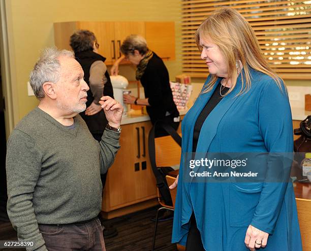 Professor Robert Reich and Jane Sanders converse backstage before Senator Bernie Sanders discusses "Our Revolution" at Zellerbach Hall at UC...