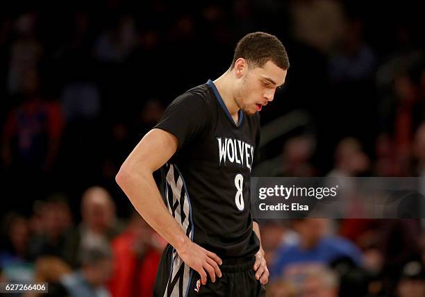 Zach LaVine of the Minnesota Timberwolves reacts to the loss to the New York Knicks at Madison Square Garden on December 2, 2016 in New York City.The...