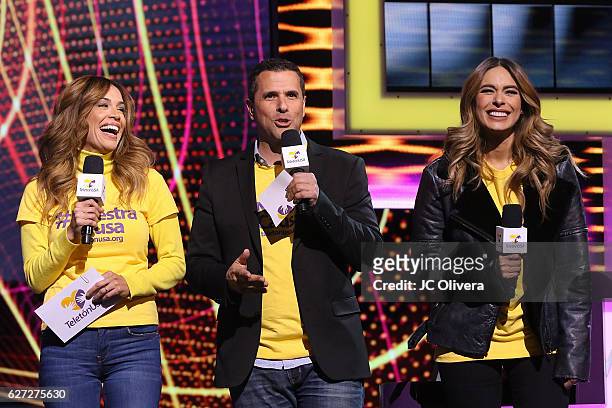 Tv personalities Karla Martinez, Marco Antonio Regil and Galilea Montijo speak onstage during TeletonUSA 2016 at Orpheum Theatre on December 2, 2016...