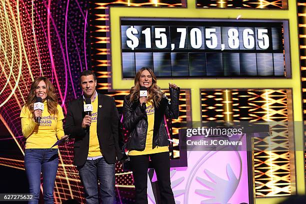 Tv personalities Karla Martinez, Marco Antonio Regil and Galilea Montijo speak onstage during TeletonUSA 2016 at Orpheum Theatre on December 2, 2016...