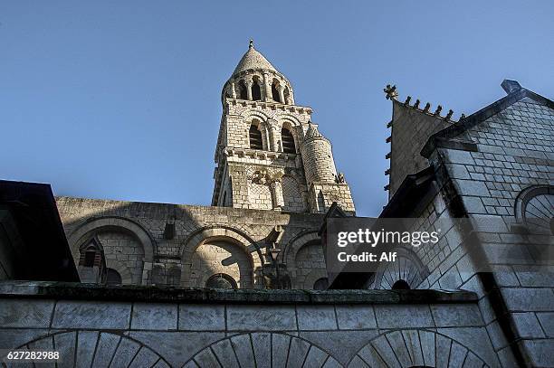 bell tower detail in the church of notre-dame-la-grande - poitiers - ポワティエ ストックフォトと画像