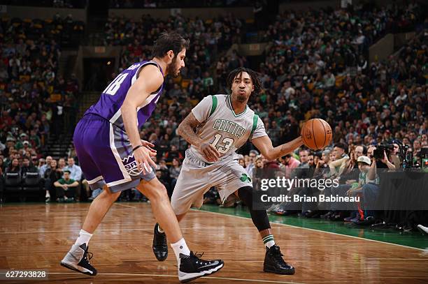 James Young of the Boston Celtics handles the ball against the Sacramento Kings during the game on December 2, 2016 at the TD Garden in Boston,...