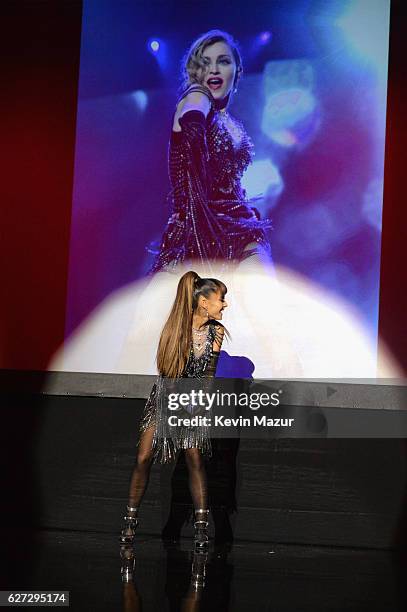Ariana Grande performs onstage during An Evening of Music, Art, Mischief and Performance to benefit Raising Malawi presented by Madonna at Faena...