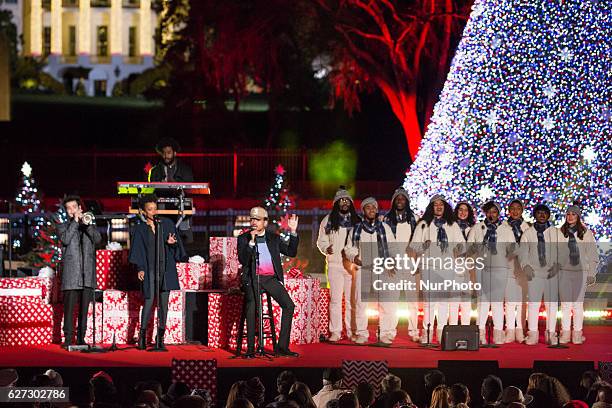 Chance the Rapper, accompanied by Howard University Afro Blue Vocal Jazz Ensemble, performs at the 94th Annual National Christmas Tree lighting...