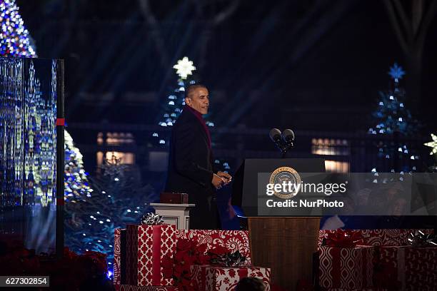 President Barack Obama delivers the Christmas message at his eighth and last National Christmas Tree lighting ceremony at the Ellipse near the White...