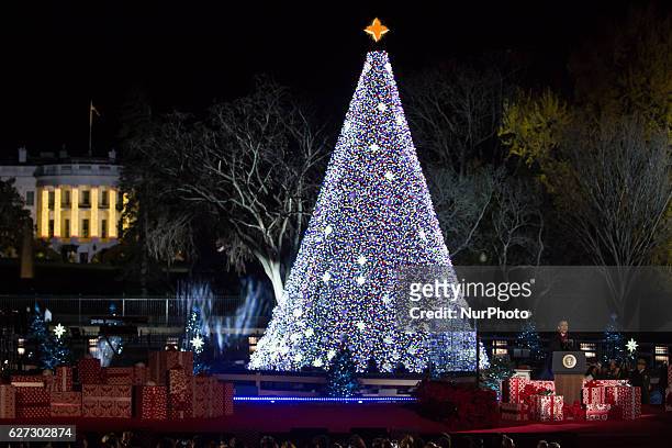 President Barack Obama delivers the Christmas message at his eighth and last National Christmas Tree lighting ceremony at the Ellipse near the White...