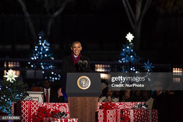 President Barack Obama delivers the Christmas message at his eighth and last National Christmas Tree lighting ceremony at the Ellipse near the White...