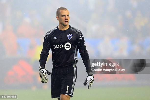 Evan Bush of Montreal Impact looks on during the first half of the MLS Eastern Conference Final, Leg 2 game against Toronto FC at BMO Field on...