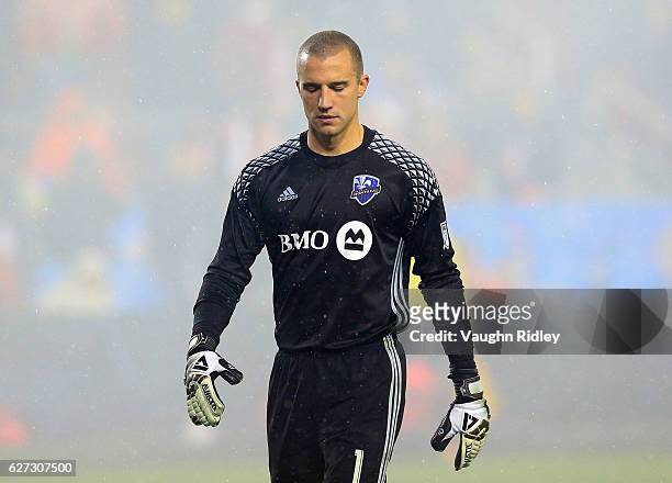 Evan Bush of Montreal Impact looks on during the first half of the MLS Eastern Conference Final, Leg 2 game against Toronto FC at BMO Field on...