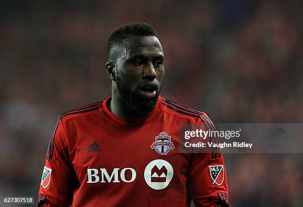 Jozy Altidore of Toronto FC looks on during the first half of the MLS Eastern Conference Final, Leg 2 game against Montreal Impact at BMO Field on...