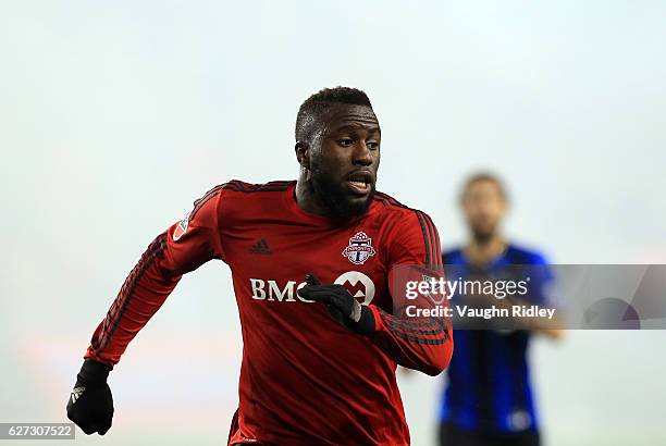 Jozy Altidore of Toronto FC watches for the ball during the first half of the MLS Eastern Conference Final, Leg 2 game against Montreal Impact at BMO...