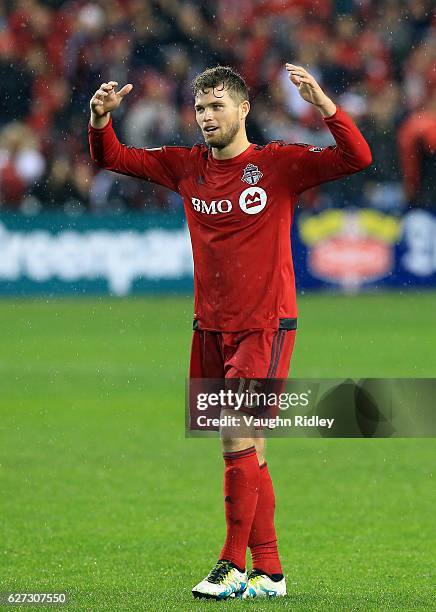 Eriq Zavaleta of Toronto FC reacts to a missed chance during the second half of the MLS Eastern Conference Final, Leg 2 game against Montreal Impact...