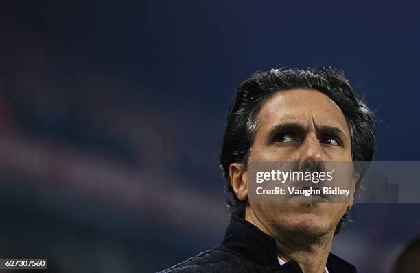 Manager Mauro Biello of Montreal Impact looks on prior to the first half of the MLS Eastern Conference Final, Leg 2 game against Toronto FC at BMO...