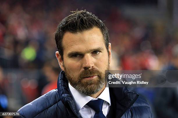 Manager Greg Vanney of Toronto FC looks on prior to the first half of the MLS Eastern Conference Final, Leg 2 game against Montreal Impact at BMO...