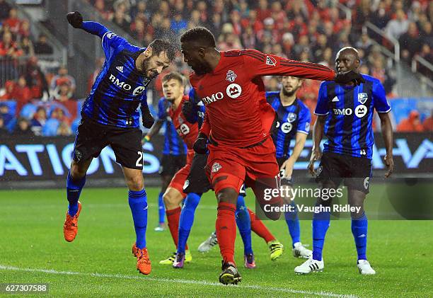 Jozy Altidore of Toronto FC scores a goal during the first half of the MLS Eastern Conference Final, Leg 2 game against Montreal Impact at BMO Field...