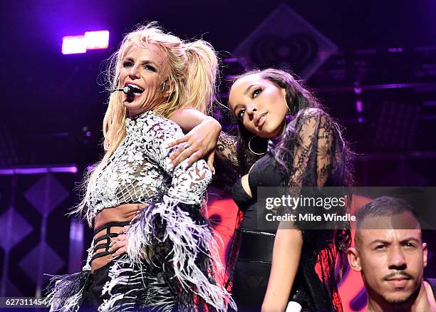 Singers Britney Spears and Tinashe perform onstage during 102.7 KIIS FM's Jingle Ball 2016 presented by Capital One at Staples Center on December 2,...