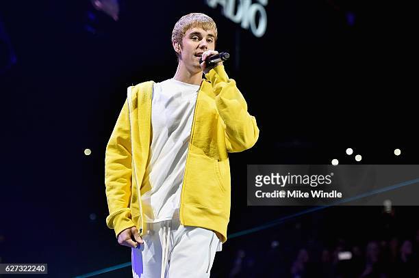 Singer Justin Bieber performs onstage during 102.7 KIIS FM's Jingle Ball 2016 presented by Capital One at Staples Center on December 2, 2016 in Los...