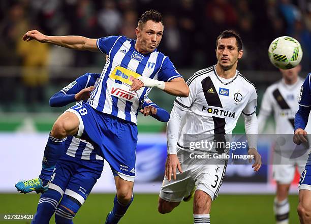 Piotr Wlazlo of Wisla Plock clears the ball during the LOTTO Extraklasa match between Legia Warszawa and Wisla Plock on December 02, 2016 at the...