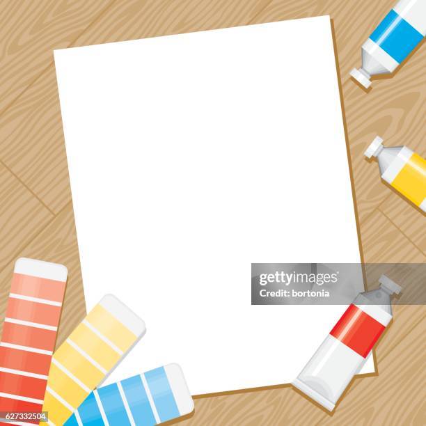 stockillustraties, clipart, cartoons en iconen met blank paper surrounded with art supplies - paint tube