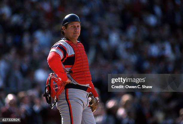 Carlton Fisk of the Chicago White Sox circa 1983 catches against the Baltimore Orioles at Memorial Stadium in Baltimore, Maryland.